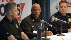 DOWNEY, CA - DRONERESPONDERS Advisors Chief Harold Schapelhouman, Menlo Park Fire District and Battalion Chief Richard Fields, Los Angeles Fire Department join Captain Vern Salle, Chula Vista Police Department at the 2019 UAS DRONES Disaster Conference in Los Angeles to speak about the growing use of drones by public safety agencies. DOWNEY, CA - DRONERESPONDERS Advisors Chief Harold Schapelhouman, Menlo Park Fire District and Battalion Chief Richard Fields, Los Angeles Fire Department join Captain Vern Salle, Chula Vista Police Department at the 2019 UAS DRONES Disaster Conference in Los Angeles to speak about the growing use of drones by public safety agencies.