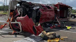 Three Huntsville, TX, firefighters were trapped when the apparatus they were in was rear-ended and rolled over Sunday.