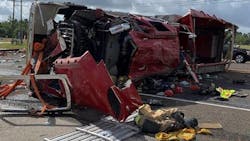 Three Huntsville, TX, firefighters were trapped when the apparatus they were in was rear-ended and rolled over Sunday.