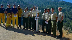 About two dozen California firefighters dedicated a memorial for Draper City, UT, Battalion Chief Matthew Burchett, who died last year battling the Ranch wildfire.