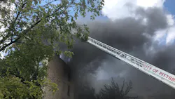 Two Pittsburgh firefighters were injured battling a five-alarm blaze at an apartment complex Saturday. Two Pittsburgh firefighters were injured battling a five-alarm blaze at an apartment complex Saturday.