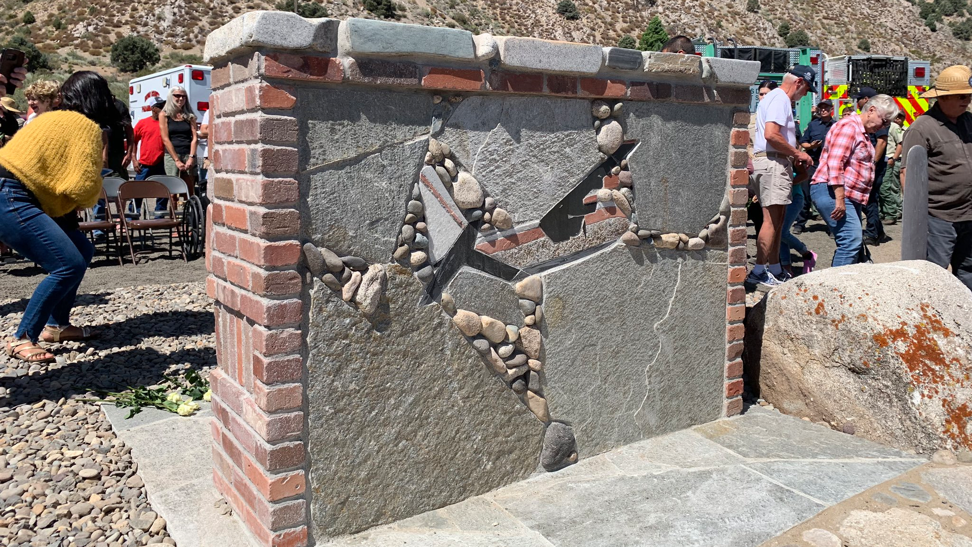 A brick and stone memorial honoring the crew of the Tanker 130, which crashed while battling 2002 Cannon Fire in Walker, Mono County, CA.