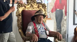 Retired San Jose, CA, Fire Capt. Sam Seibert celebrates his 100th birthday at his old station, which is the new home of the city's fire museum.