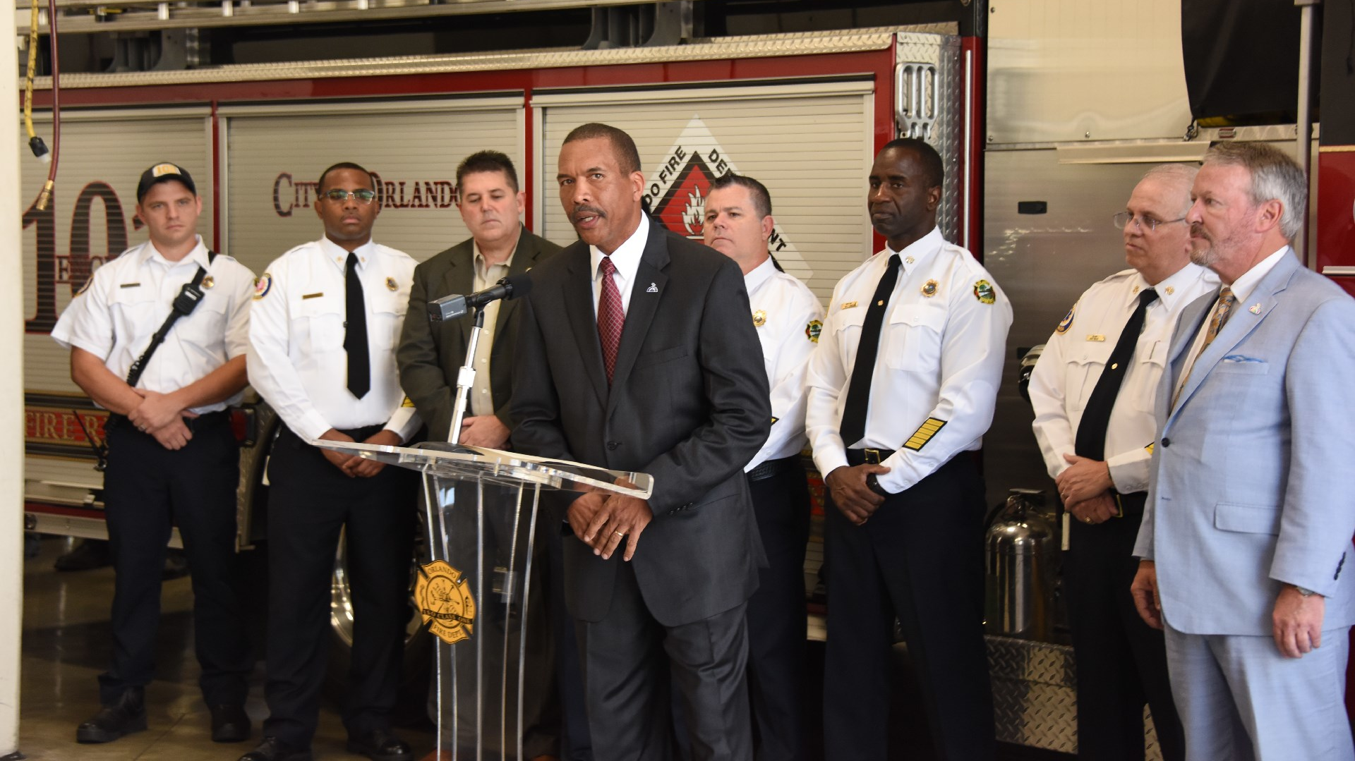 At a ceremony introducing him Thursday, New Orlando, FL, Fire Chief Benjamin Barksdale (center) said diversity and inclusiveness will be his priorities.