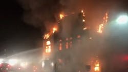 A Duluth, MN, was injured when he was hit by falling debris while battling a blaze at 117-year-old synagogue early Monday. A Duluth, MN, was injured when he was hit by falling debris while battling a blaze at 117-year-old synagogue early Monday.