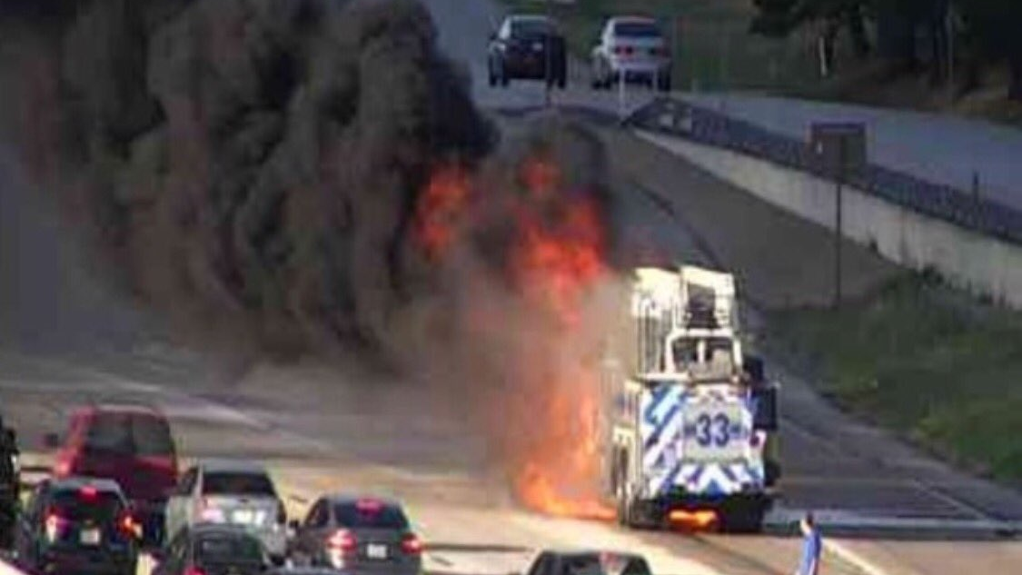 A Fort Worth, TX, aerial caught fire as it was driving along the highway Friday.
