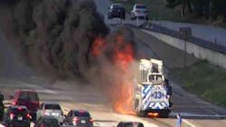 A Fort Worth, TX, aerial caught fire as it was driving along the highway Friday. A Fort Worth, TX, aerial caught fire as it was driving along the highway Friday.