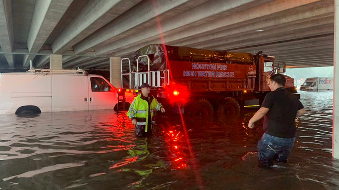 Houston firefighters rolled out their high-water rescue vehicle to deal with the severe weather caused by Imelda on Thursday.