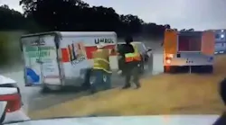 A police dashboard camera captured graphic footage of an out-of-control trailer crashing into two Stringtown, OK, firefighters.