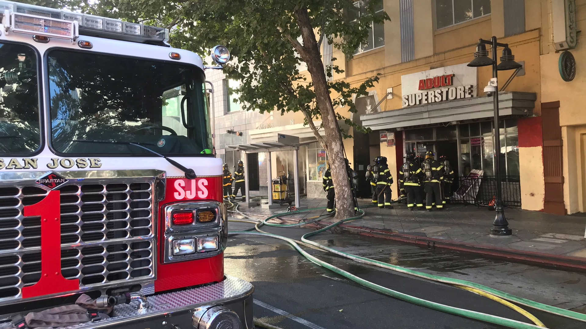 Four San Jose, CA, firefighters were injured battling a three-alarm fire at a shuttered adult entertainment shop Sunday.