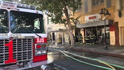 Four San Jose, CA, firefighters were injured battling a three-alarm fire at a shuttered adult entertainment shop Sunday.