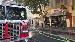 Four San Jose, CA, firefighters were injured battling a three-alarm fire at a shuttered adult entertainment shop Sunday. Four San Jose, CA, firefighters were injured battling a three-alarm fire at a shuttered adult entertainment shop Sunday.