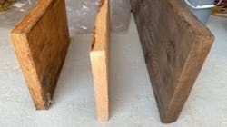 This photo shows the differences between an LVL (left), new growth sawn lumber (center), and old-growth sawn lumber (right).