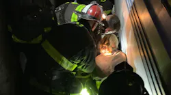 San Francisco firefighters rescued a man using a walker after he fell onto the tracks Sunday at a Bay Area Rapid Transit station and became pinned against the platform by an oncoming train.