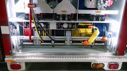 The department made efficient use of the compartment space on this KME rescue engine with mounting for multiple hydraulic, electric and air reels. Note the captive stainless-steel rollers on each reel and at the edge of the door opening. The department made efficient use of the compartment space on this KME rescue engine with mounting for multiple hydraulic, electric and air reels. Note the captive stainless-steel rollers on each reel and at the edge of the door opening.