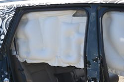 The obviously fuller inflation portions of the roof airbag are ‘thicker’ than the rest of the bag. These areas are where the auto manufacturer figures that protection of a seated occupant is most likely needed. These 'fat' sections are very firm to the touch and will hold their pressure for an extended period of time. The obviously fuller inflation portions of the roof airbag are ‘thicker’ than the rest of the bag. These areas are where the auto manufacturer figures that protection of a seated occupant is most likely needed. These 'fat' sections are very firm to the touch and will hold their pressure for an extended period of time.