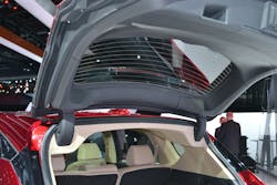 The newest design feature is the power hinge system. The drive mechanisms for the two steel power hinges on this liftgate are located in the thicker roof rail section of the vehicle near the hinge. These two hinges can be cut through or pried off the vehicle&mdash;but do not cut into the thick roof rail section.