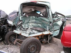 This minivan crash shows that rear liftgates could jam and obstruct access to patients trapped inside. The two manual lifter struts on this liftgate will have to be dealt with if the rescue team is to accomplish total liftgate removal. Photos by Ron Moore This minivan crash shows that rear liftgates could jam and obstruct access to patients trapped inside. The two manual lifter struts on this liftgate will have to be dealt with if the rescue team is to accomplish total liftgate removal. Photos by Ron Moore