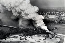 Several holes developed in the tank during the impact of the Miamisburg derailment and the water started leaking off causing the phosphorus to be exposed to air and it ignited. (Courtesy of Special Collections &amp; Archives, Wright State University)