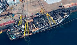 The burned hulk of the Conception is brought to the surface by a salvage team in the Santa Barbara Channel off of Santa Cruz Island, Calif., on Thursday, Sept. 12, 2019. The burned hulk of the Conception is brought to the surface by a salvage team in the Santa Barbara Channel off of Santa Cruz Island, Calif., on Thursday, Sept. 12, 2019.
