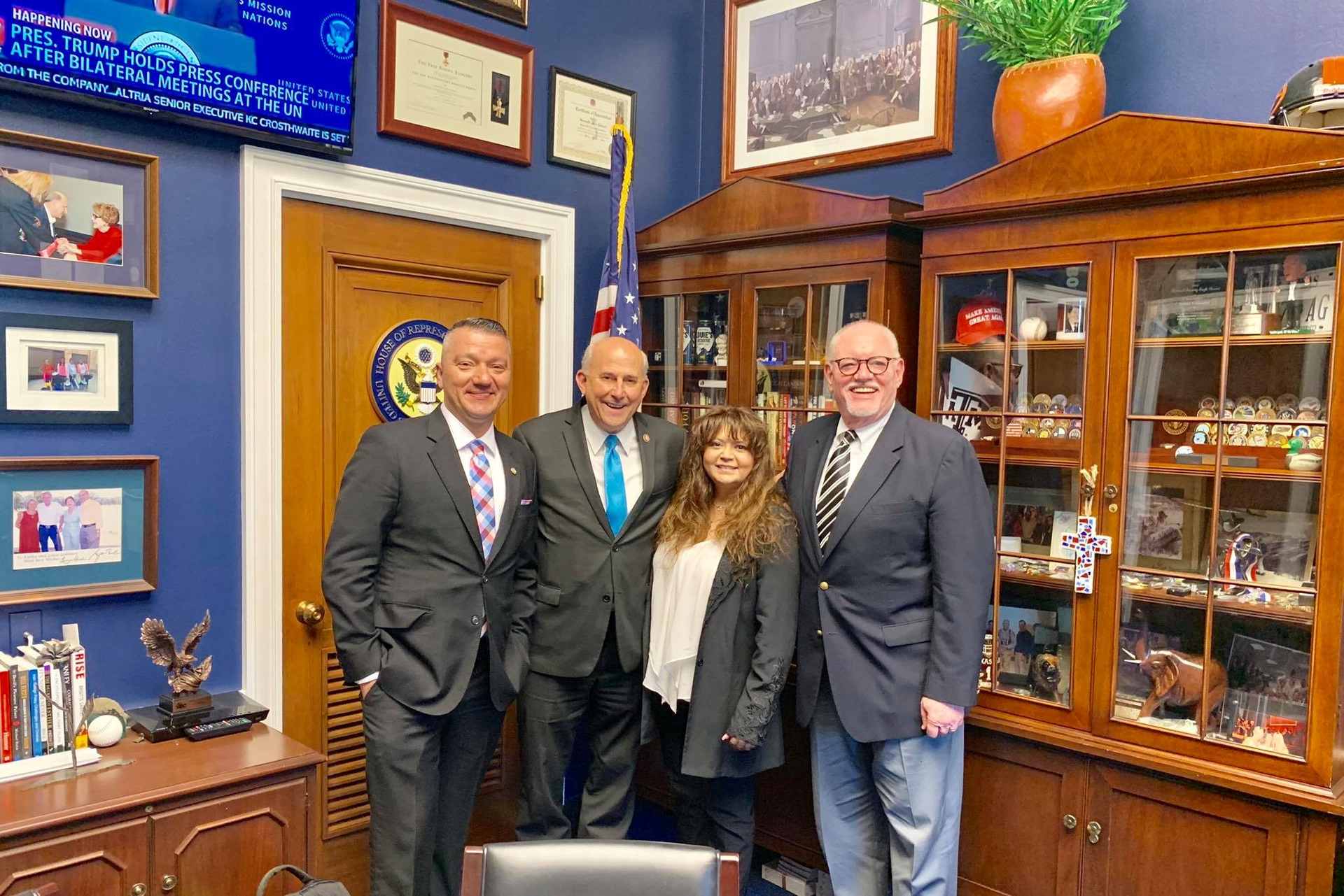 The Association for Unmanned Vehicle Systems International (AUVSI) met in Washington D.C. for an annual event called AUVSI Hill Day. Participating in the event were (from lef to right) are Adrian Doko, AUVSI Lone Star Chapter President; Congressman Louie Gohmert; Molly X. Gee von Holdt, Dir, Multimedia Engagement & Communications, AUVSI Lone Star Chapter and Phil Burks, FIRST iZ.