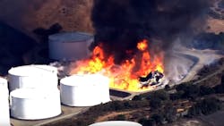 Firefighters battled a massive fire at Crockett, CA, oil storage facility that was ignited by an explosion that sent a giant fireball into the air. Firefighters battled a massive fire at Crockett, CA, oil storage facility that was ignited by an explosion that sent a giant fireball into the air.