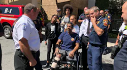 Atlanta Fire Sgt. Darrow Harden lost his leg after he was hit by a vehicle getting off his apparatus while responding to a call in May.