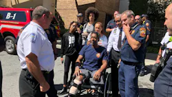 Atlanta Fire Sgt. Darrow Harden lost his leg after he was hit by a vehicle getting off his apparatus while responding to a call in May.