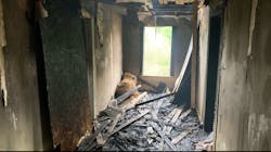 Hallway looking from C stairs to front porch window after scenario. Fire was in room to the right. No charring to the walls. Ceiling was pulled after knockdown. Hallway looking from C stairs to front porch window after scenario. Fire was in room to the right. No charring to the walls. Ceiling was pulled after knockdown.