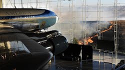 President Ronald Reagan&apos;s Air Force One sits on display at the Reagan Library as the Easy fire burns in the hills in Simi Valley, CA, on Wednesday.