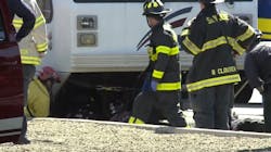 San Jose, CA, firefighters removed a man who struck and trapped under a light rail train early Tuesday. San Jose, CA, firefighters removed a man who struck and trapped under a light rail train early Tuesday.
