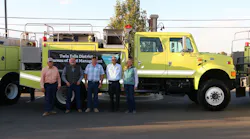 The Bureau of Land Management Twin Falls District Fire Management transferred wildland fire engines to five Rural Fire Readiness partners. Pictured are representatives from the Bliss Rural Fire District, Notch Butte Rangeland Fire Protection Association, Raft River Rural Fire Protection District, Saylor Creek Rangeland Fire Protection Association and the Shoshone Basin Rangeland Fire Protection Association.