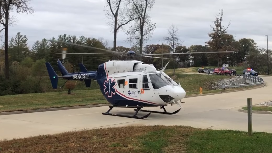 A man who was trapped in a tree was airlifted Wednesday to a St. Louis hospital after Belleville, IL, firefighters used a battery-operated tool spreader to free him.