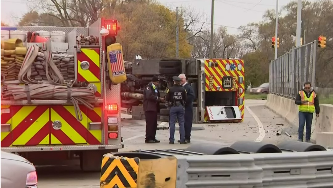 A Detroit Fire Department advanced life support ambulance crashed on its side after it was stolen from a station Sunday.