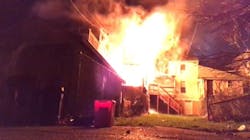 A Harrisburg, PA, firefighter was injured in a rooftop fall while battling a blaze that damaged five homes Saturday.