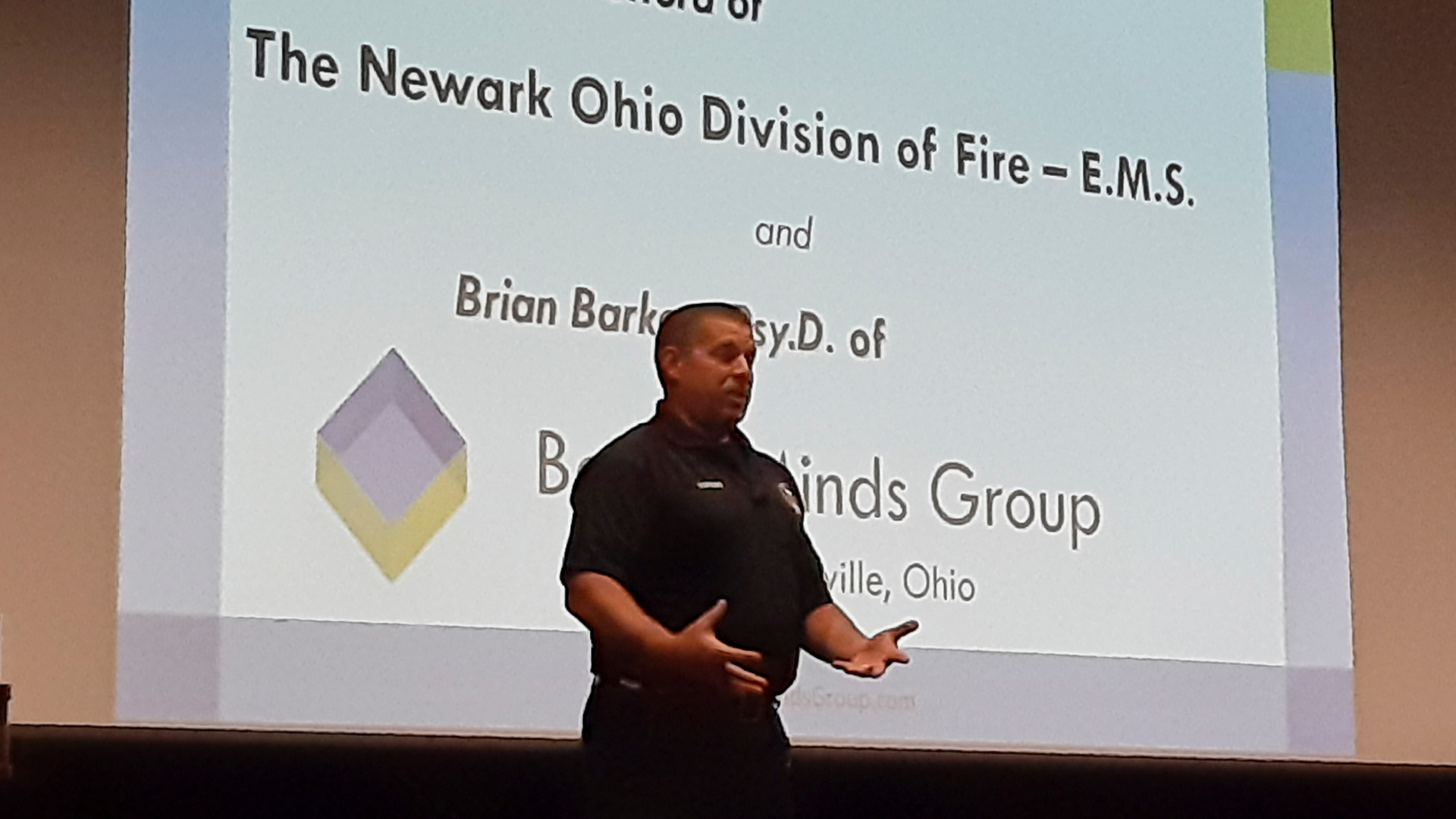 Newark firefighter Jason Hufford tells his emotional personal story of how he overcame the traumas of his job at Central Ohio Technical College's First Responder Mental Health Awareness Summit on Nov. 13, 2019 in Newark, OH.