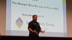 Newark firefighter Jason Hufford tells his emotional personal story of how he overcame the traumas of his job at Central Ohio Technical College&apos;s First Responder Mental Health Awareness Summit on Nov. 13, 2019 in Newark, OH.