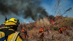 Inmate firefighters clear brush as they work Friday to slow down the spread of the Maria fire on the Santa Clara river bed in Santa Paula, CA.