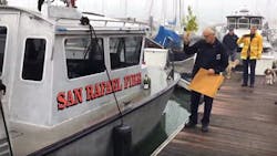 San Rafael, CA, Fire Chief Christopher Gray christens Saturday the department&apos;s newest fire boat, the 34-foot &apos;Fire Boat San Rafael,&apos; which replaces the fledgling marine response program&apos;s former vessel &apos;Confidence.&apos;