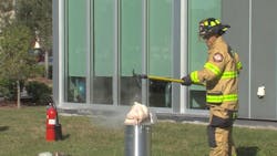 A Sarasota, FL, firefighter demonstrates how not to deep fry a turkey on Thanksgiving.