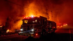 A fire engine drives past the Soda Rock Winery in Healdsburg, CA, during the Kincade Fire on Oct. 27, 2019. A fire engine drives past the Soda Rock Winery in Healdsburg, CA, during the Kincade Fire on Oct. 27, 2019.