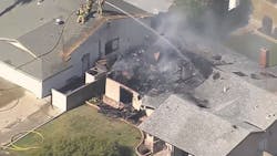 San Bernardino County, CA. firefighters battled a blaze Thursday at a single-story Upland home after a small airplane reportedly crashed into it. San Bernardino County, CA. firefighters battled a blaze Thursday at a single-story Upland home after a small airplane reportedly crashed into it.