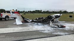 A small-engine airplane caught fire as it was preparing to takeoff Sunday from Venice, FL, Municipal Airport. A small-engine airplane caught fire as it was preparing to takeoff Sunday from Venice, FL, Municipal Airport.