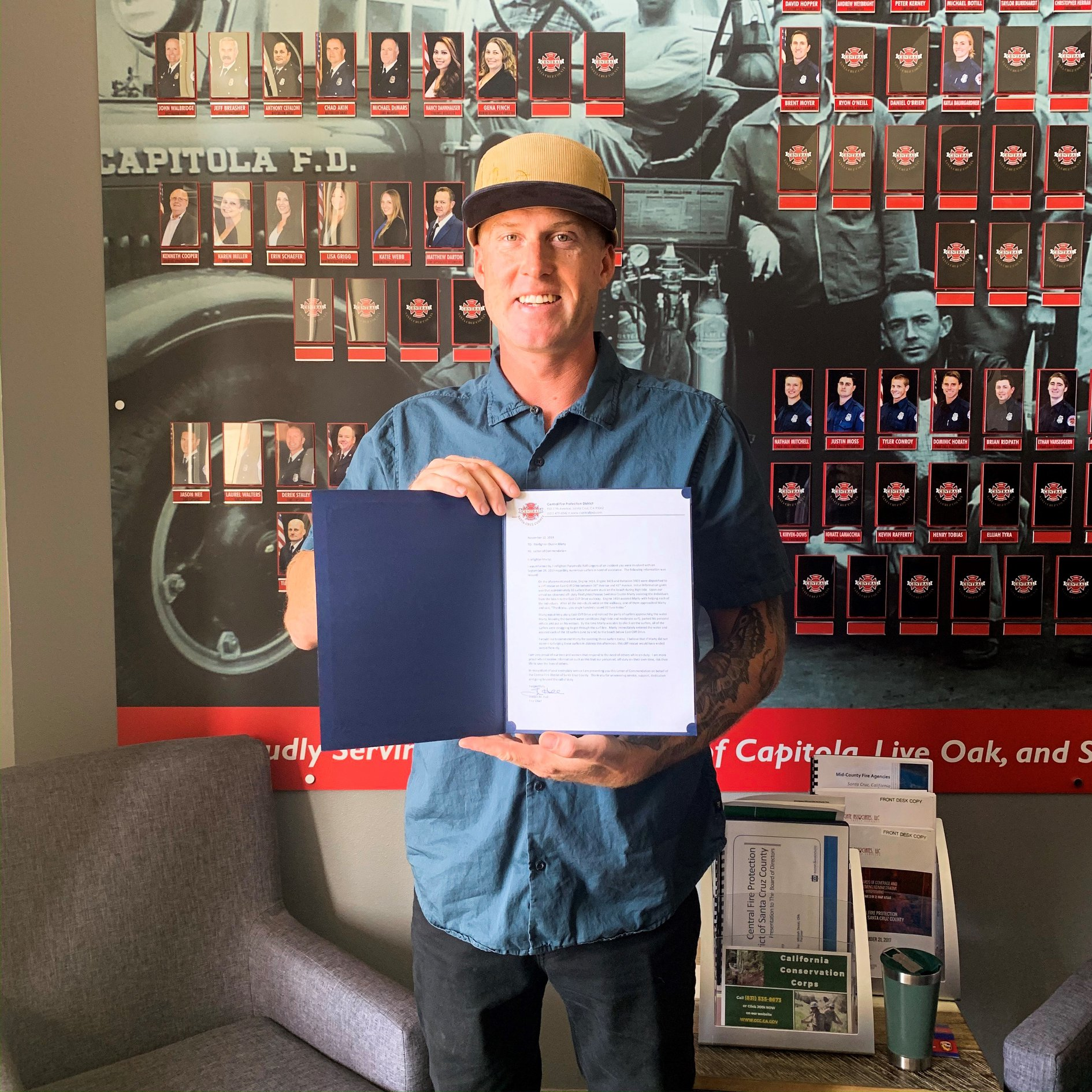 Central, CA, Fire Protection firefighter Dustin Marty received a letter of commendation for rescuing 10 people stranded in a beach cove at the end of September.