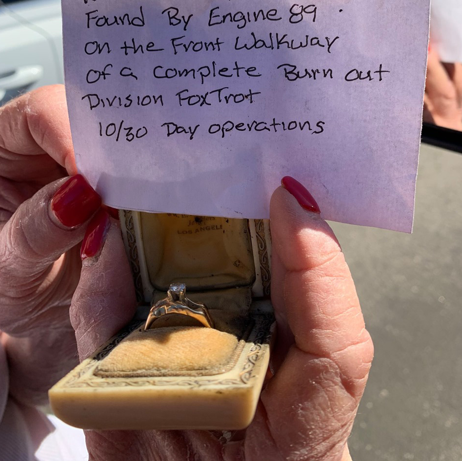 A diamond ring was found last week in a gutter while firefighters battled the Getty fire.