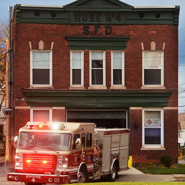 A piece of apparatus exits Fire Station No. 4 in Schenectady, NY, in this undated photo.
