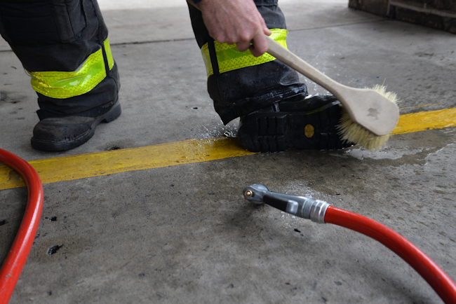 Wash off bunker boots after a work&shy;ing fire. Boots contribute significantly to cross-contamination.