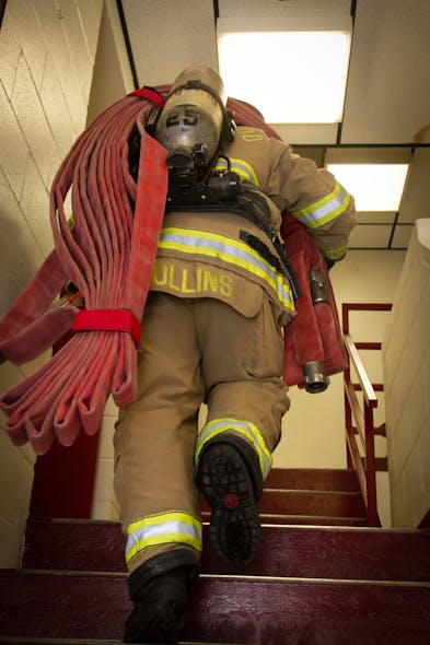 Five sets on a stair-climbing machine with a sandbag or weighted vest (60 seconds on, 60 seconds off) can help to improve performance carrying a hose pack up and down five flights of stairs.