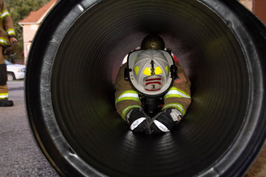 Maneuvering a confined space prop must be carried out with SCBA or other equipment. Reverse crunches, leg raises, and cross-body reaches will help improve time through the obstacle.