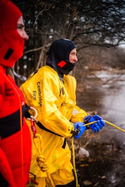 When the combined air/water temperature is less than 120 degrees F, a rescuer should be in a cold water/ice rescue suit. A suit&apos;s buoyancy can range from 25&ndash;35 lbs.